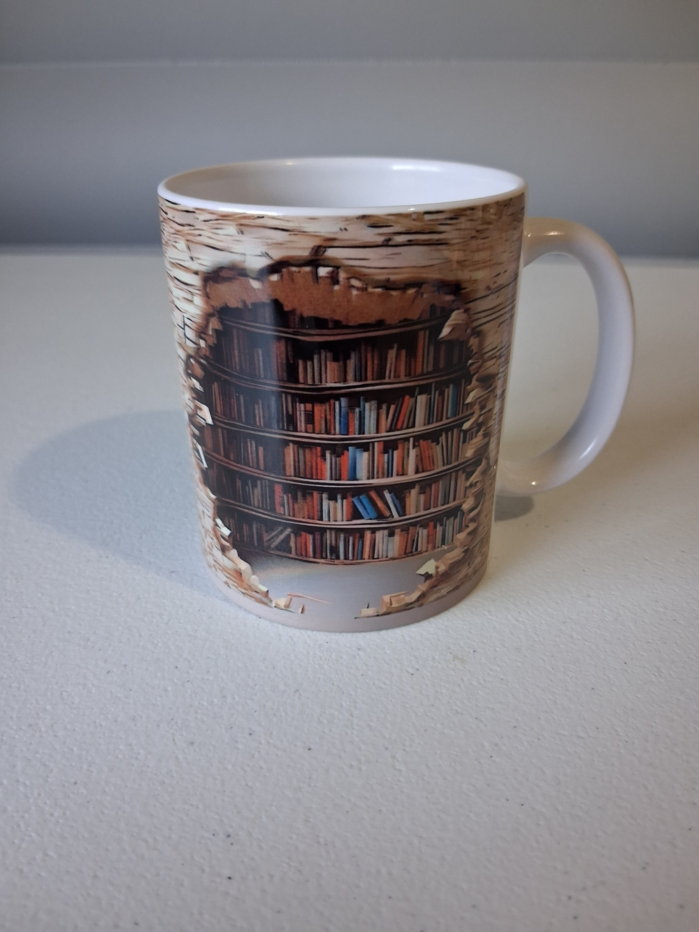 White Ceramic Mug with Bookshelf Print